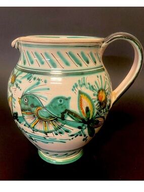 Italian Art Pottery Pitcher, Birds, Flowers. Signed . Rossi Assisi